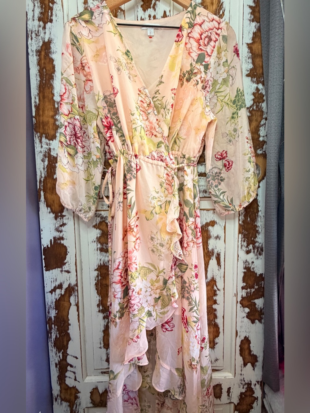 New York & Co Floral Wrap Maxi Dress Size XL Petite Pink Floral Boho